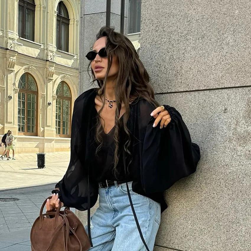 Женская одежда Design Sense Loose V Neck шнуровка рубашка осень зима новая женская сексуальная шифоновая однотонная рубашка темперамент