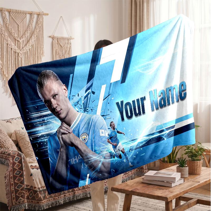 Erling Haaland Personalized Fleece Blanket With Football Logo, Custom Name Text Soft Warm Home Throw Blanket