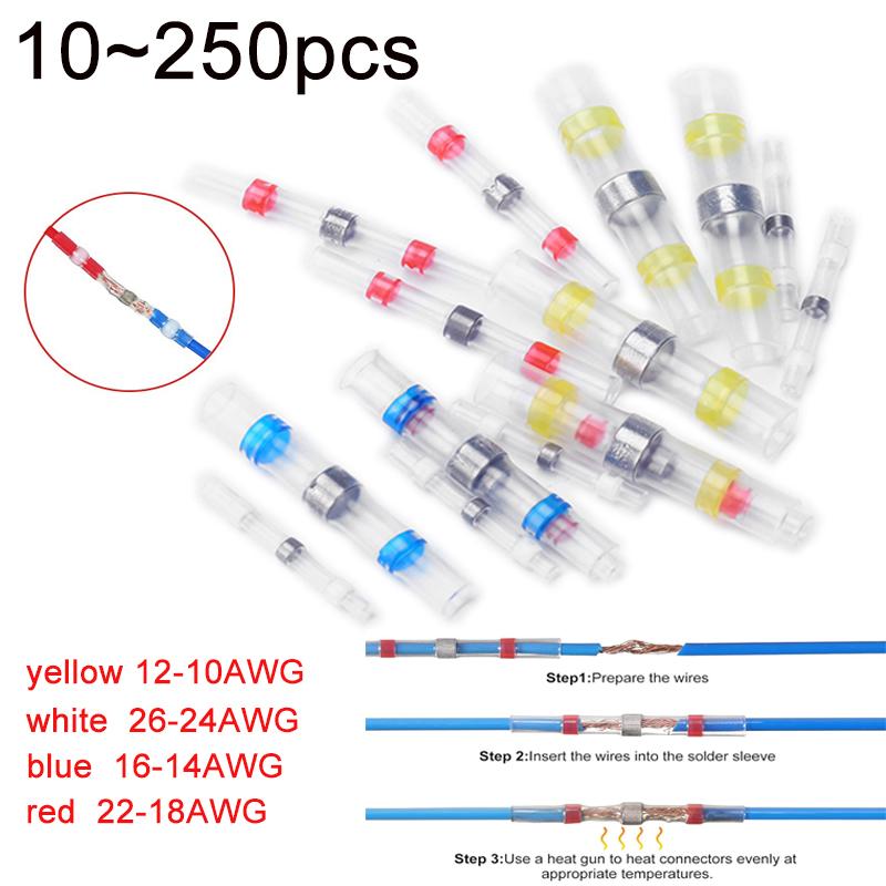 10 ~ 250 шт. соединители для проводов с припоем, водонепроницаемые термоусадочные стыковые соединители, клеммы для электрических проводов, изолированные стыковые соединения
