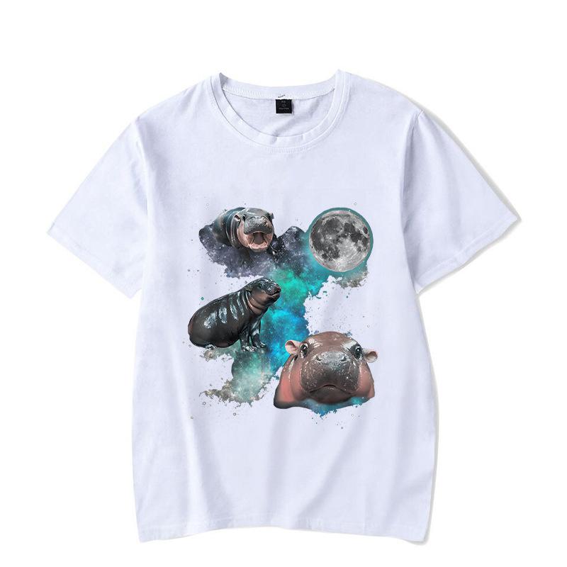 Ladies' Loose Casual Fun Moo Deng Bouncing Pig Print Pure Cotton Short Sleeved Top T-Shirts Women’s