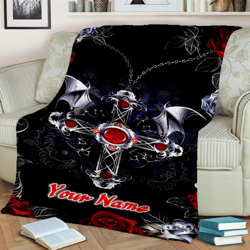 1PC Custom Name Gothic Cross Wings blanket versatile,all-season throw suitable for the living room,bedroom,camping,travel,and gift