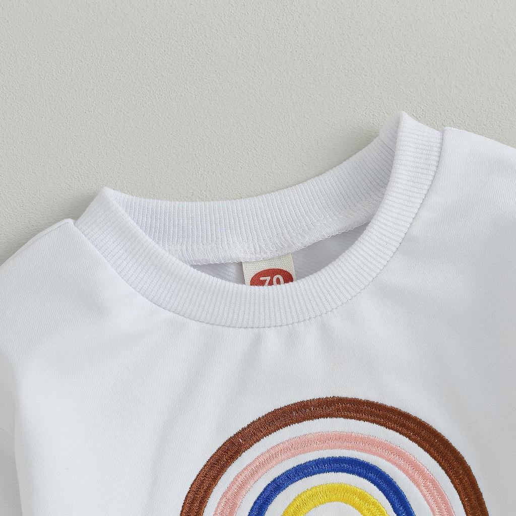 Осенние наряды для мальчиков 6 мес, 12 мес, 18 мес, 24 мес, 3 года, толстовки с длинными рукавами с радужной вышивкой и однотонные длинные штаны, комплект одежды из 2 предметов