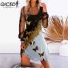 Women's Fashion Spring Autumn Solid Color Print Long Sleeve U-Neck High Waist Casual Dresses