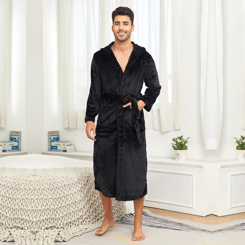 Hooded Robes for Men Full Length Spa Bathrobes Soft House Sleepwear Coat with Hood and Pockets Men's Winter Warm Plush Fleece Robe Hooded Fluffy Robes