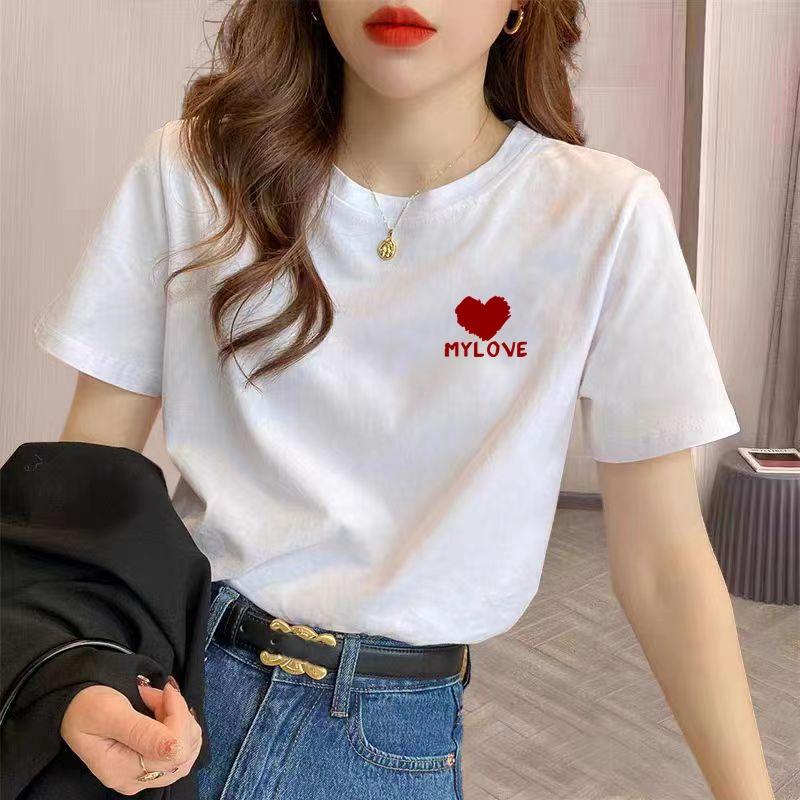 Women's Cotton T-shirt Short-Sleeved Summer Loose Design Printed Shoulder Top