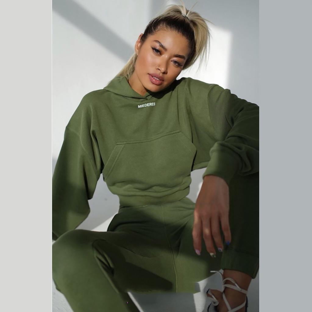 Women's Casual Solid Color Long Sleeved Short Hoodie Trousers Sports Suit
