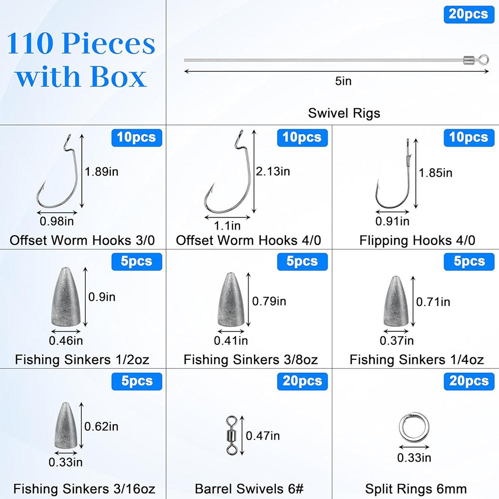 Набор для оснастки Punch Shot 110 шт. Флиппинговые рыболовные крючки Вертлюги Заводные кольца Стальной поводок Пулевидные грузила Оснастка для дроп-шота Инструменты для изготовления приманок