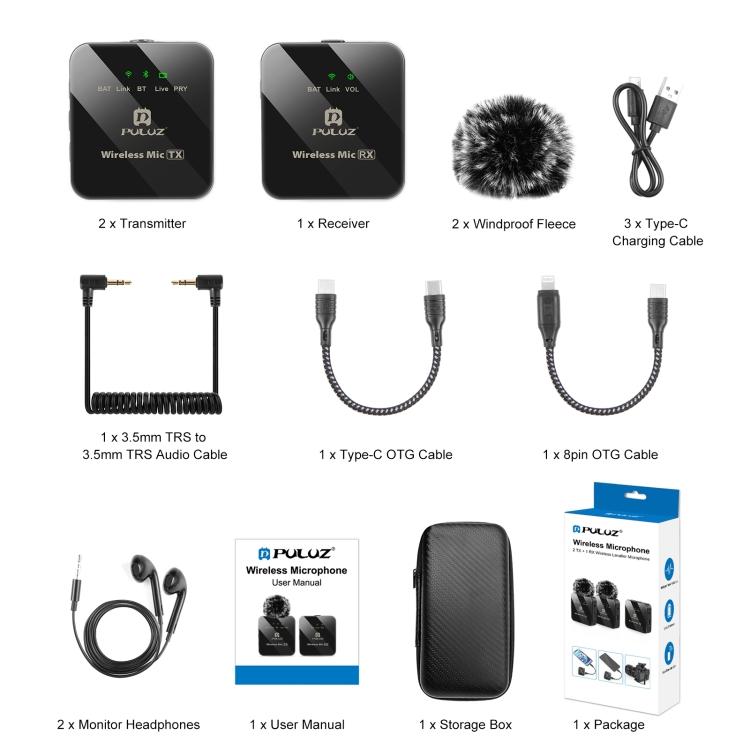 Беспроводной петличный микрофон PULUZ 2 TX + 1 RX (черный)