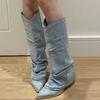 2024 Pleats Blue Denim Thigh High Boots for Women 2024 Autumn Thick Heeled Pointed Toe Cowboy Boots Woman Slip On Western Long Boots