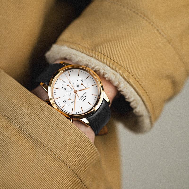 DANIEL WELLINGTON Европейские и американские часы Серия Хронограф с тремя циферблатами Часы Кварцевый механизм Кожаный ремешок Белый циферблат Мужские часы DW00100646