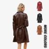Women's PU Leather Trench Coat with Belt, Multi-Color Mid-Length Lapel Leather Jacket for Women, Fashionable European and American Style Outerwear