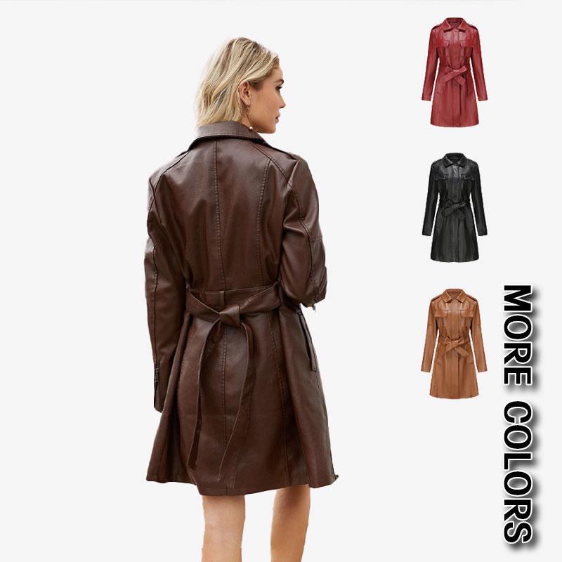 Women's PU Leather Trench Coat with Belt, Multi-Color Mid-Length Lapel Leather Jacket for Women, Fashionable European and American Style Outerwear