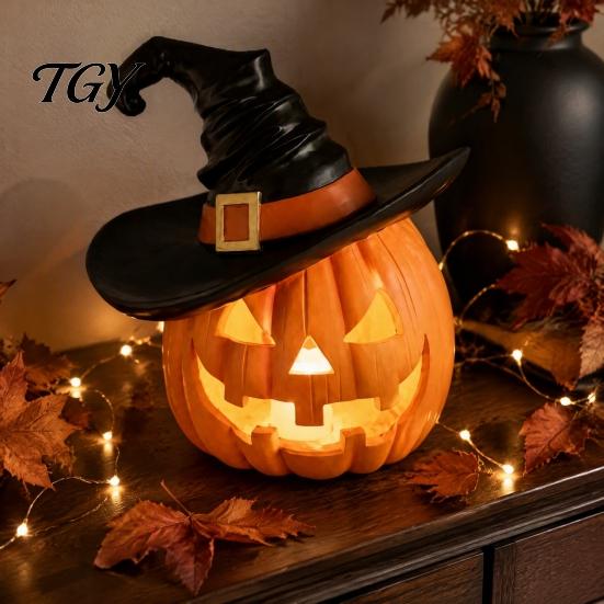 Weighted Solid Resin Figurines Halloween Pumpkin Ornament with Witch Hat, Jack O Lantern Decorative Lamp, Creepy Script Killing Props Spooky