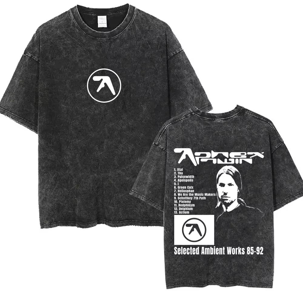 Aphex Twin Washed Винтажная Футболка Мужская Женская Модная Повседневная Оверсайз Футболка с Короткой Рукавой Мужская Хлопок Ретро Футболка