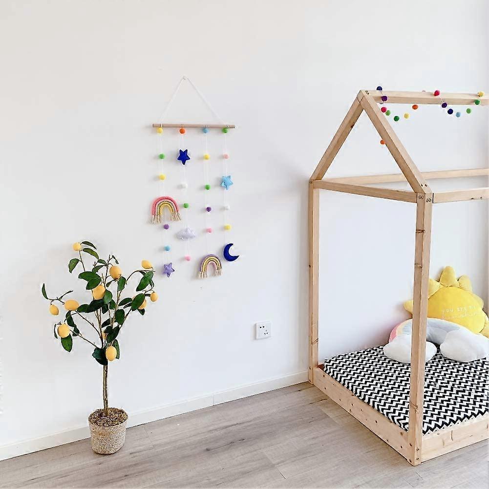 Macrame Rainbow Wall Hanging for Nursery Room,Rainbow Hanging Photo Display with Pom Pom Ball ,Wood