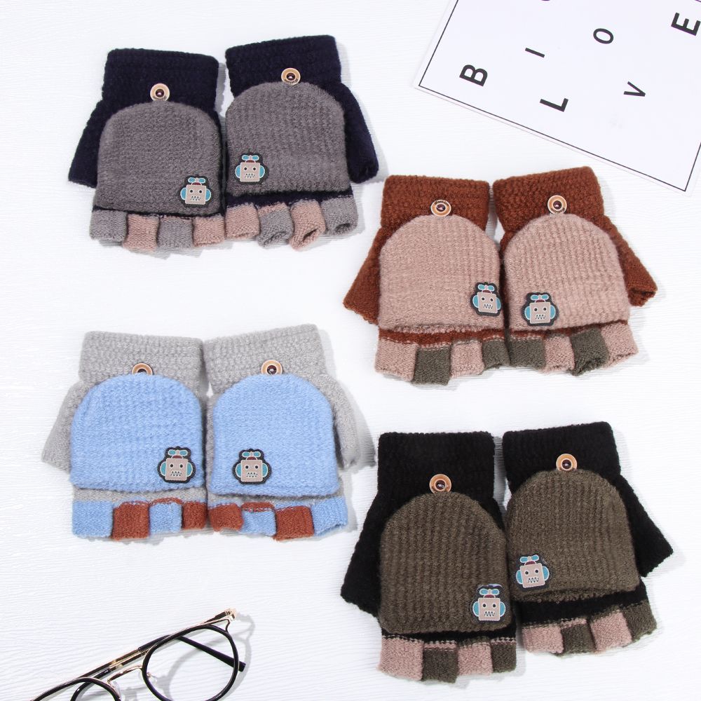 Students Children Fashion Knitted Glove Half-finger Gloves Thickening Gloves Winter Warm Mittens