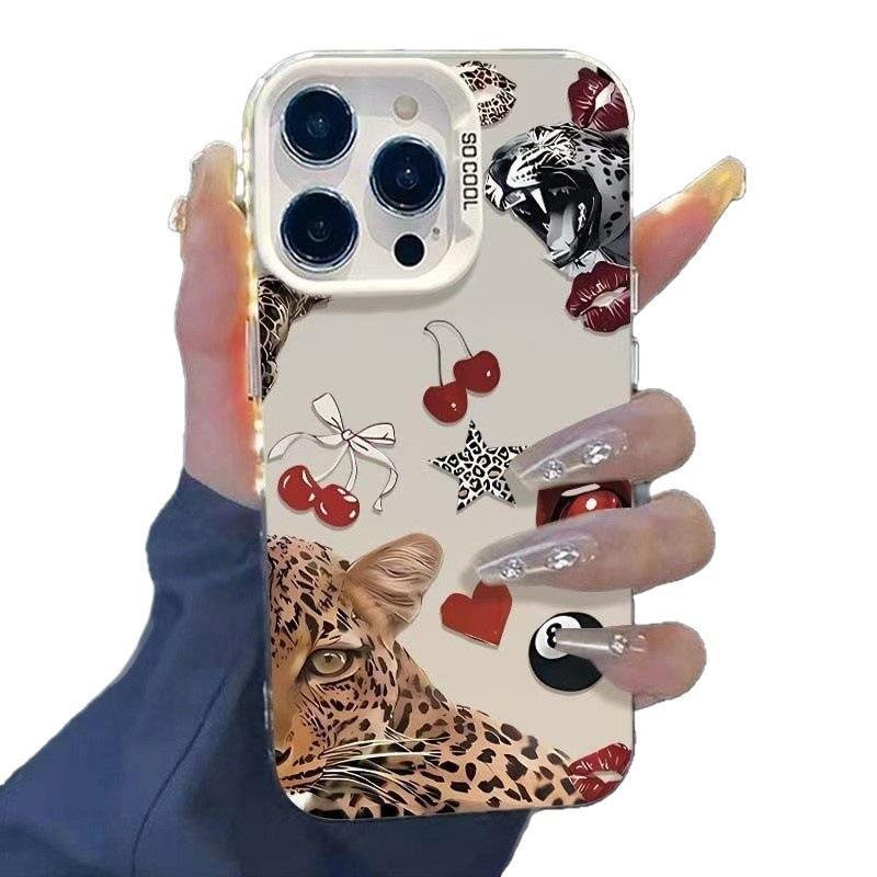 Leopard Cherry Case for iPhone 17, iPhone 16 Pro, European and American Styles, 15 Pro, 14 Premium, 13 New Models