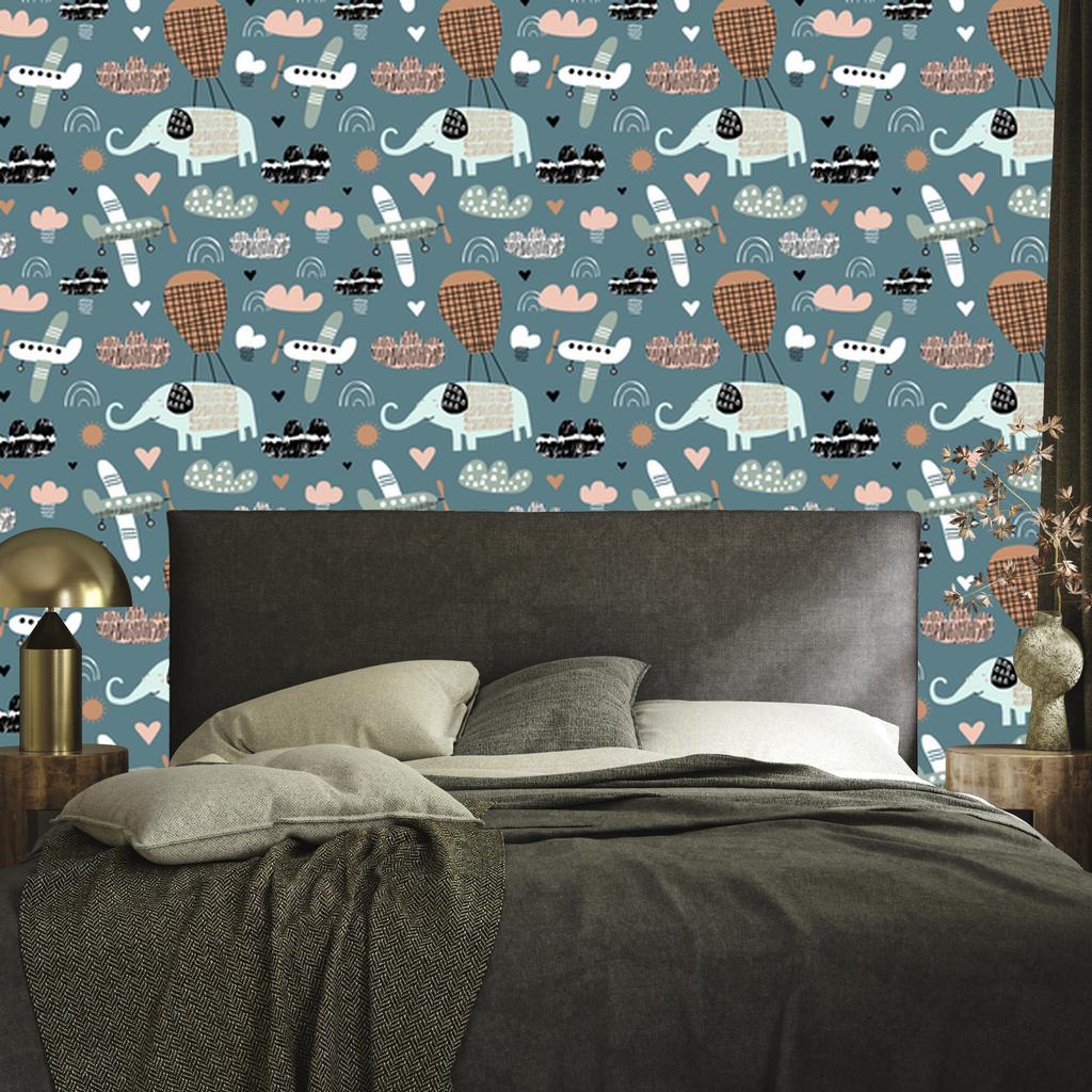 Wallpaper Elephants, planes and clouds in Scandinavian style 50x1000