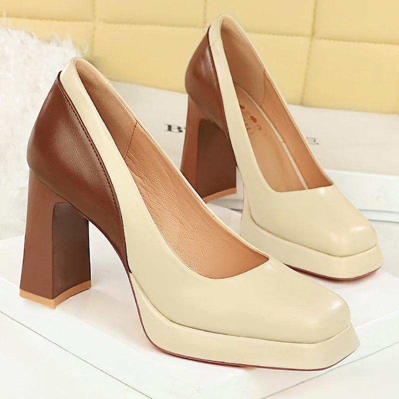 Fashion Color block Platform Pumps Women high heels shoes 9 cm Square head Women Heels Sexy party shoes thick with high-heeled shoes