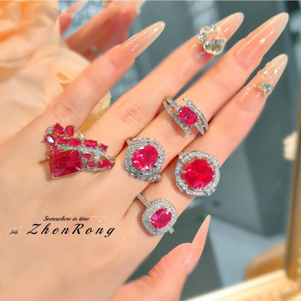 Women Jewelry Set Simple Red Corundum Ring Light Luxury Unique Design High Carbon Diamond Engagement Ring