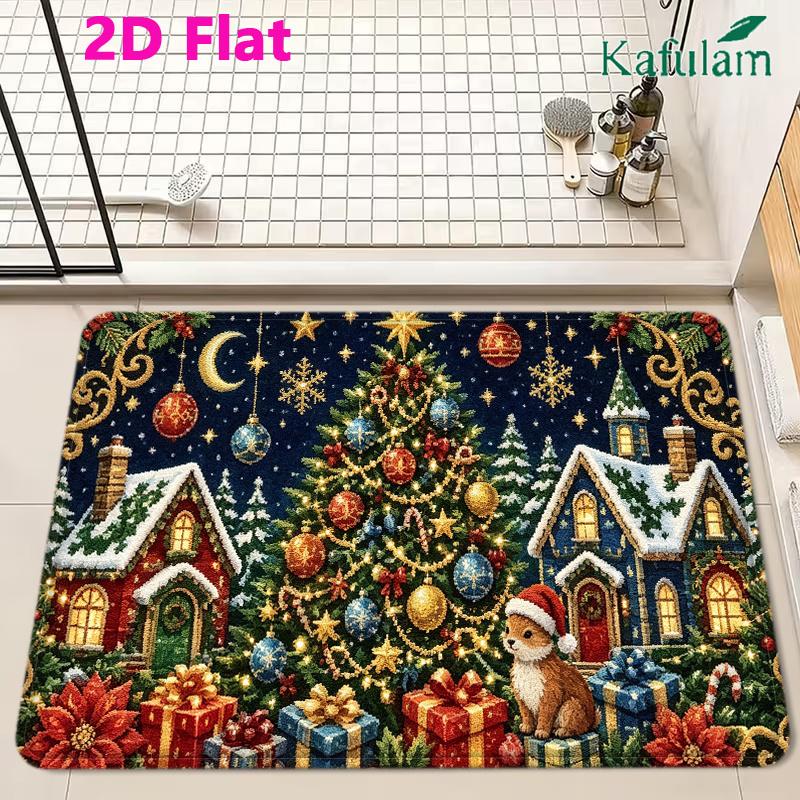 2D Flat, 2D Flat, 2D Printed Pattern Christmas Holiday Decoration Mat, Christmas Village Christmas Tree And Cute Animals Night Scene Pattern, Fun Carp