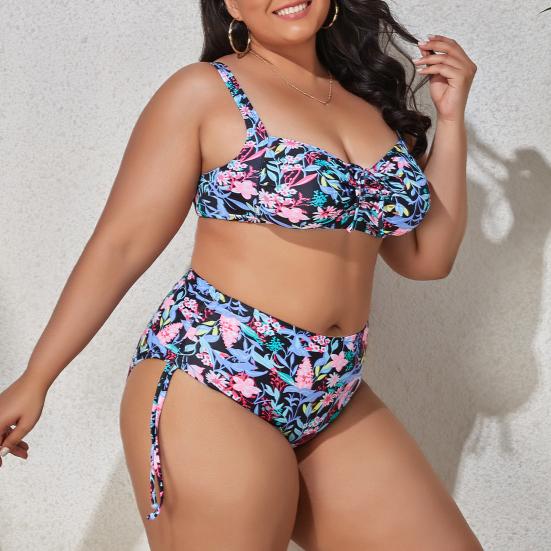 2 шт./компл. женское бикини с цветочным принтом, регулируемые бретельки, плюс размер, купальник с высокой талией и разрезом