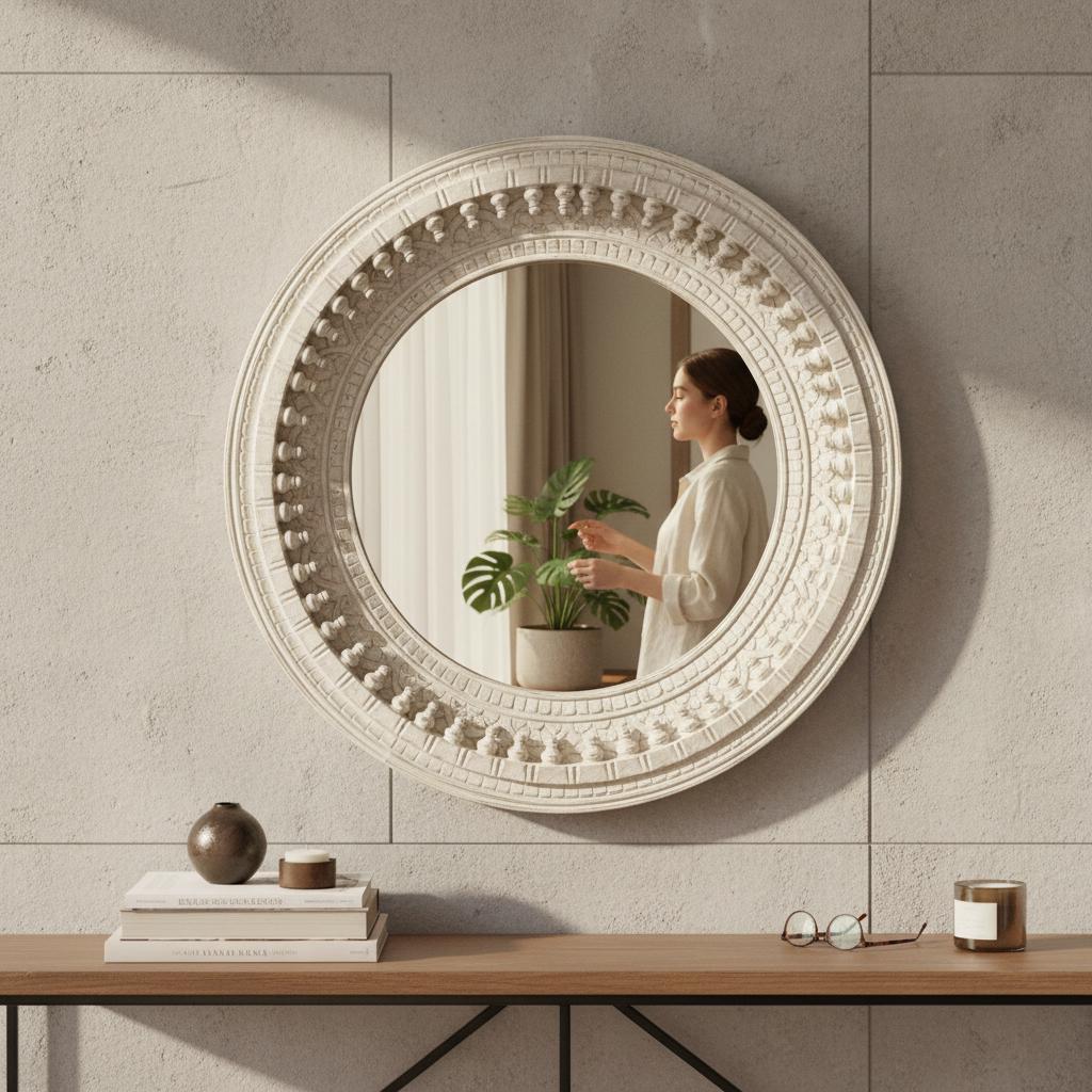 Wooden Carved Round Wall Mirror-Distressed White Finish Mirror, Boho Wall Decor, Indian Accent Mirror for Bedroom or Living Room Home Decor