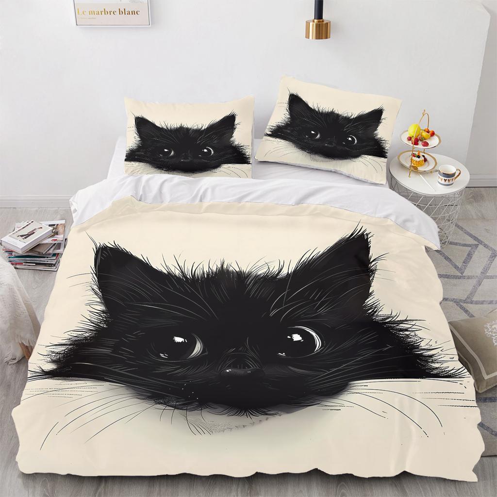 Cat, Animal Bedding Set black Anime 100% Polyester Duvet Cover Set Printed Cartoon Home Decor