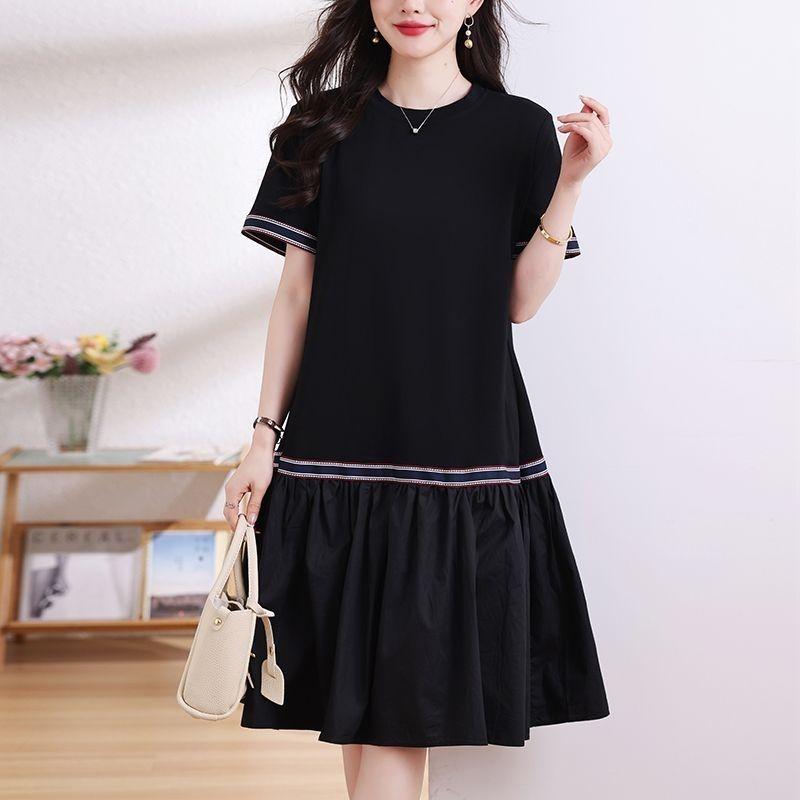 Basic Casual Loose Dresses Bright Line Decoration Summer Short Sleeve A-Line Korean Spliced Midi Dress