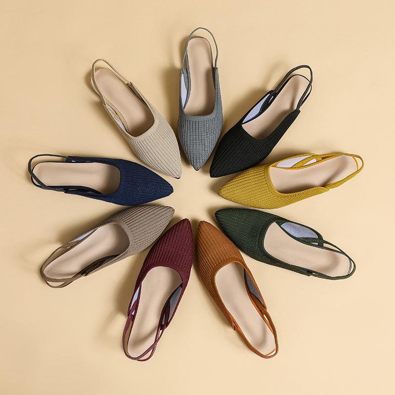 Женские летние туфли большого размера с острым носком и плоской подошвой, повседневные однотонные вязаные сандалии с открытым носком, размер 34-43