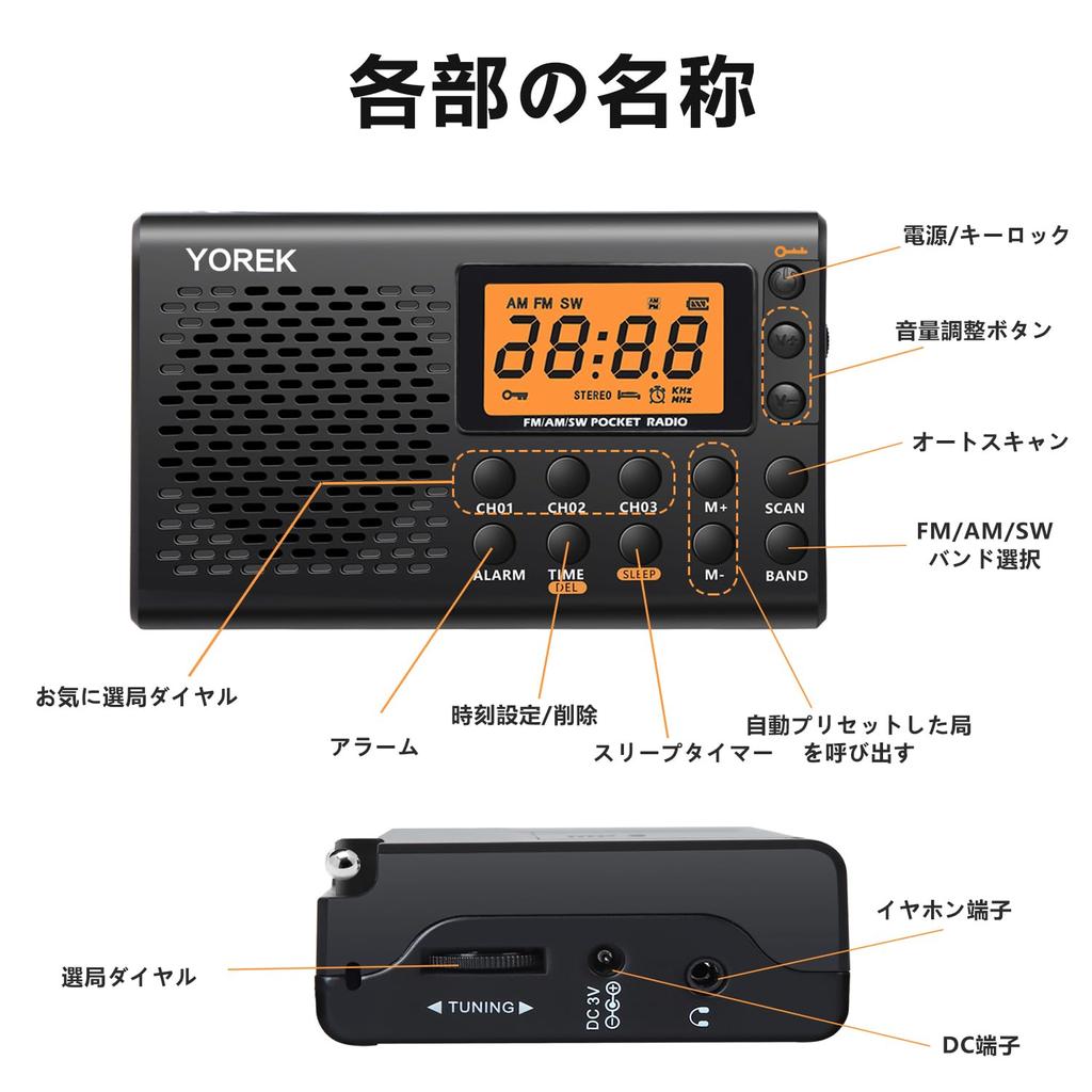YOREK High Sensitivity Receiving Portable Battery Wide FM Compatible Small Radio with Sleep Stereo Earphones Included Instruction Manual AM/FM/SW