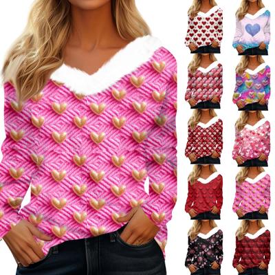 Женская рубашка с длинными рукавами и принтом «Валентинная любовь», повседневная свободная футболка с V-образным вырезом