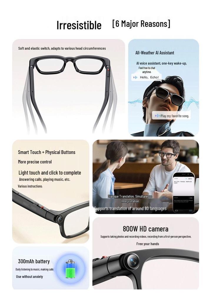 AI Smart Glasses: HD Bluetooth, Anti-Shake, Music & Video Recording, Multilingual Translation Assistant