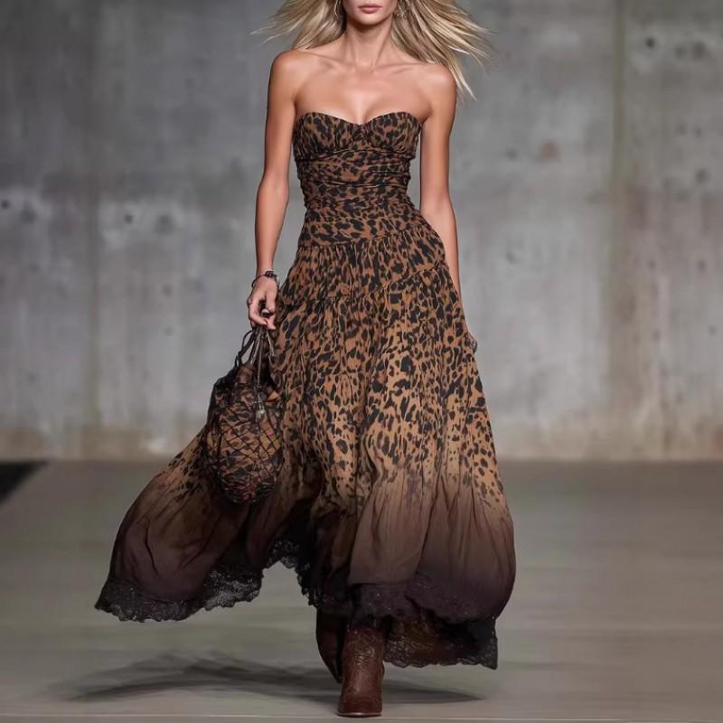 Vintage Western Vacation Off Shoulder Leopard Chiffon Maxi Dress Women