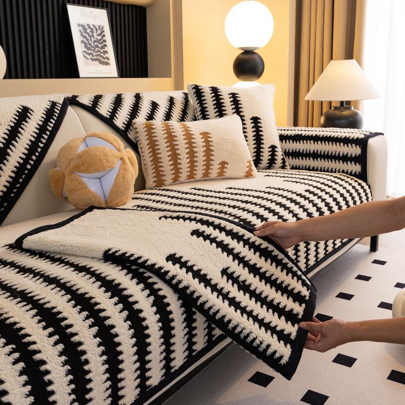 Sofa Cushion New Thousand Bird Grid Thickened Plush Seat Cushion High-End Non-Slip Leather Sofa Cover Winter Cover