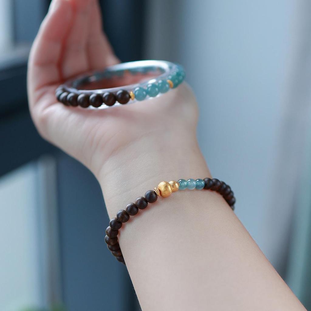 S925 Sterling Silver Wénwán Blue Jade & Agarwood Beaded Bracelet, 5mm, Cultural & Creative Single Loop Jewelry Gift