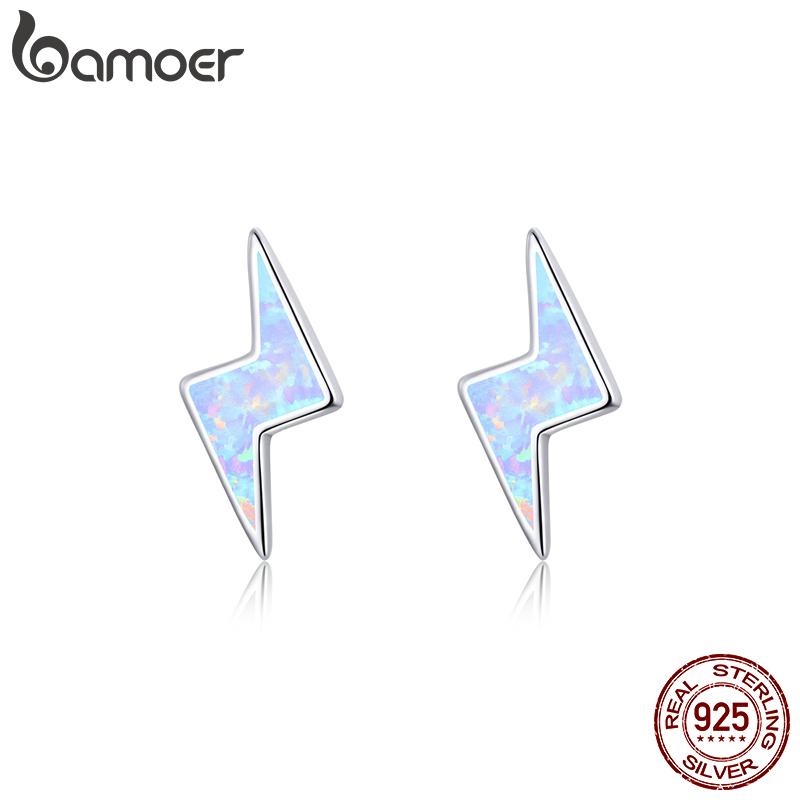 BAMOER Flash Lightning Stud Earrings 925 Sterling Silver Girl Opal Jewelry Pendientes Brincos