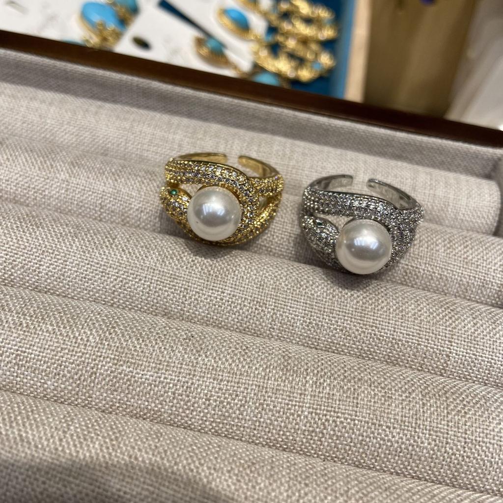 Кольцо с жемчугом в виде змеи, полное бриллиантов, женское, нишевое, дизайн, легкое, роскошное, открытое кольцо, изысканное, холодное, ветреное кольцо