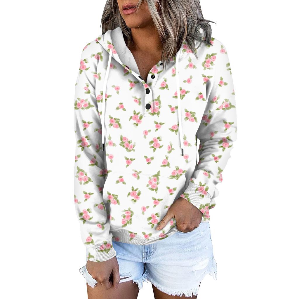Women's Fashion Slim Fit Long Sleeve Floral Print Hooded Sweatshirt Top
