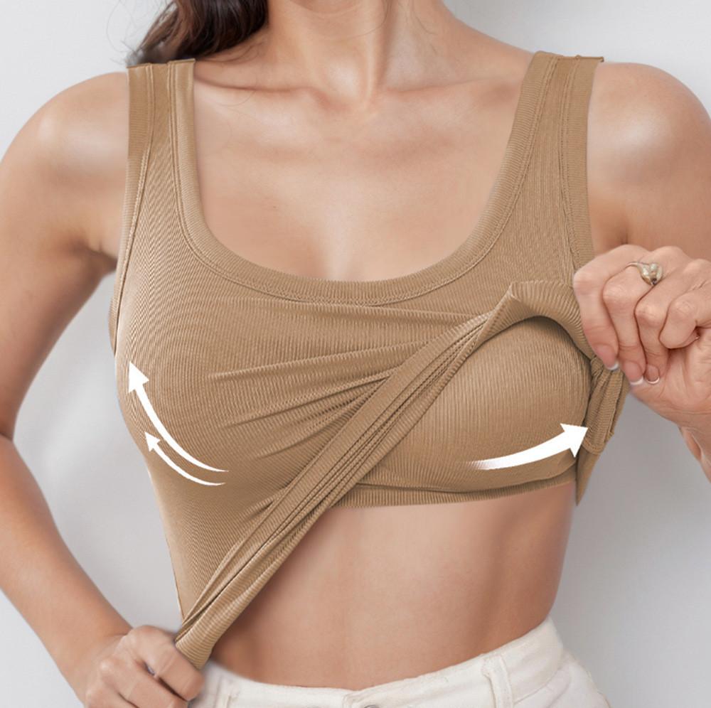 Nylon Spandex Solid Color Design Ladies Tank Top With Builtin Bra For Summer Casual Wear