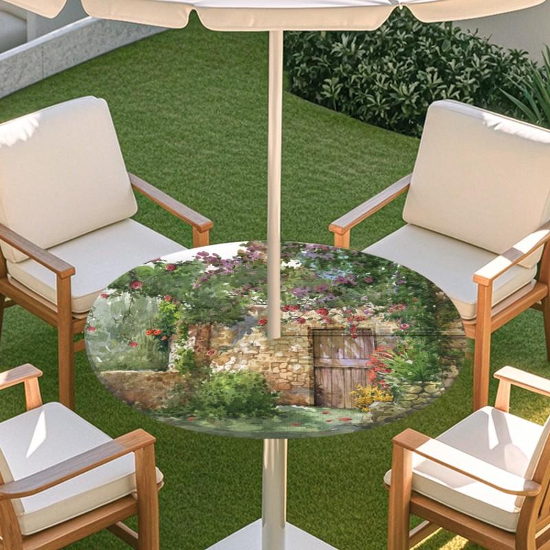 Outdoor Round Table Cover With Floral Print Oil Painting Style Waterproof Elastic Edge Patio Garden