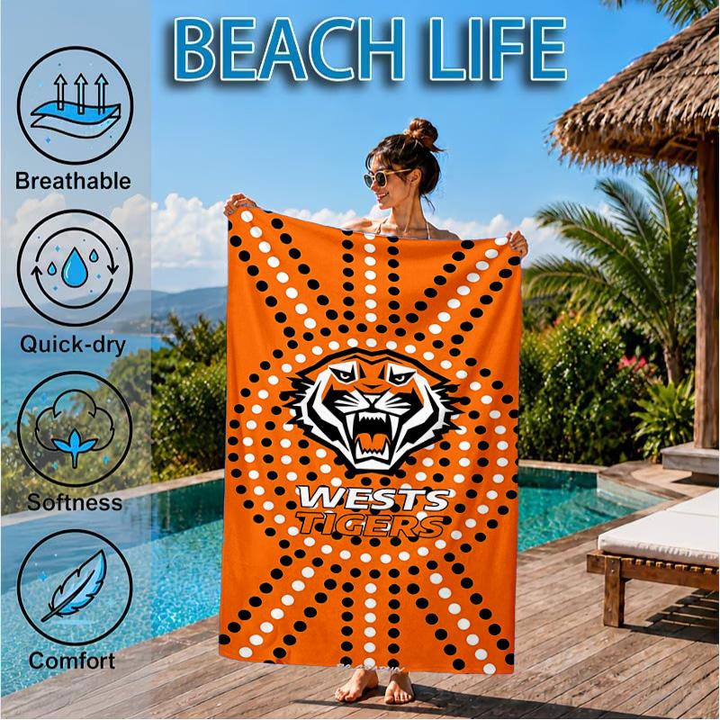 Wests Tigers Roar Strength And Pride Beach Towel, Quick-drying, Easy to Care for, Suitable for Both Fitness and Beach Vacations,Sports Essential