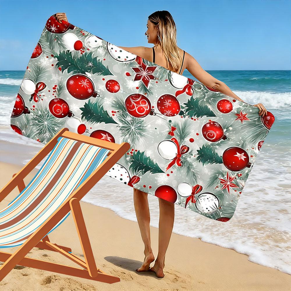 Festive ornaments amidst pines Print beach towel, quick drying, suitable for travel, outdoor sports, jogging, the beach and swimming, gift