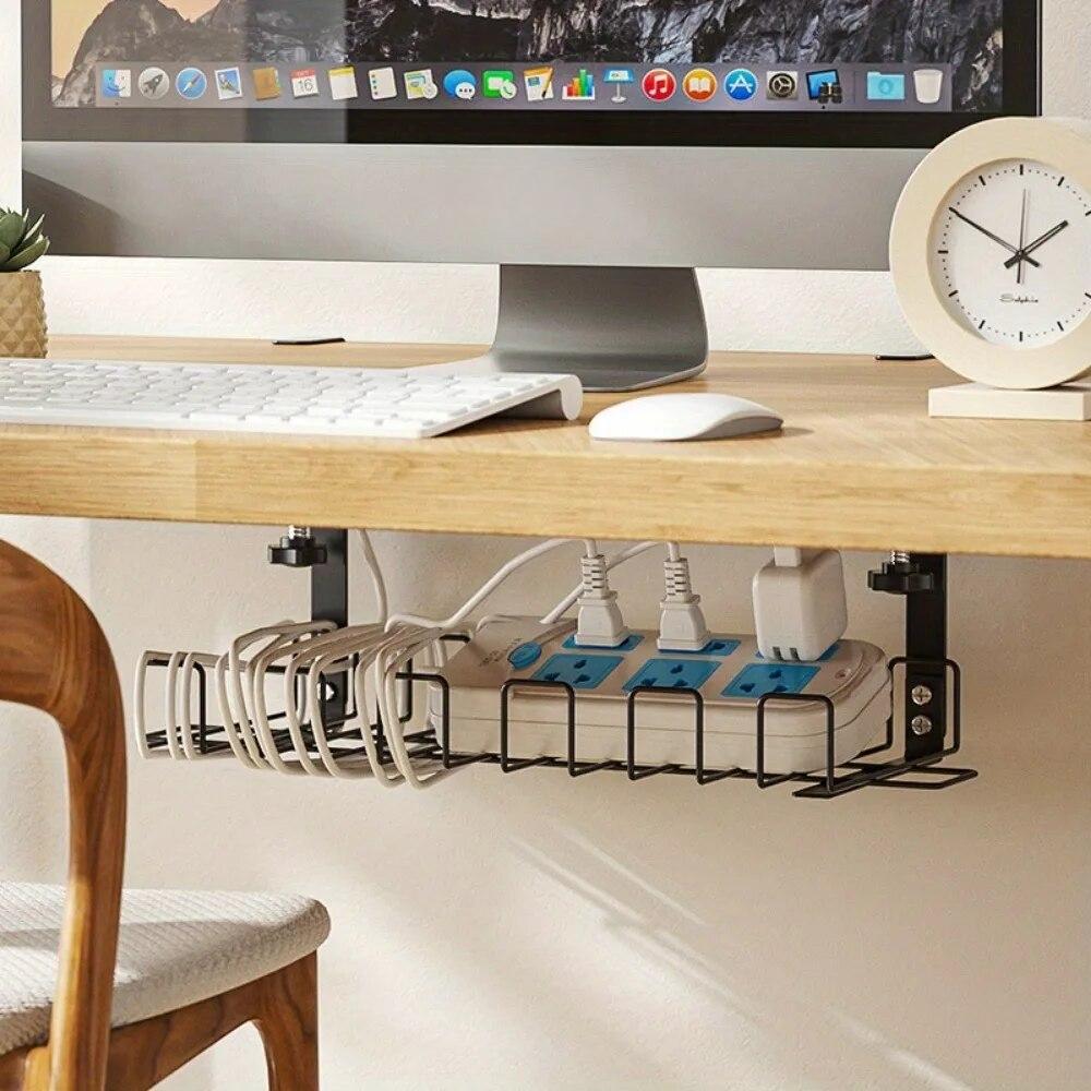 Under Table Storage Rack Metal Cable Management Tray Home Office Desk Wire Organizer No Punching Kitchen Storage Accessories