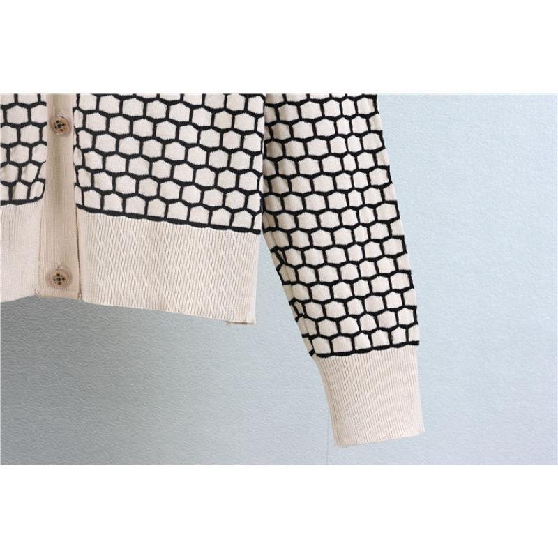 Spring Women Plaid V Neck Style Knit Cardigan Fashion Wide Leg Pants Two Piece Set