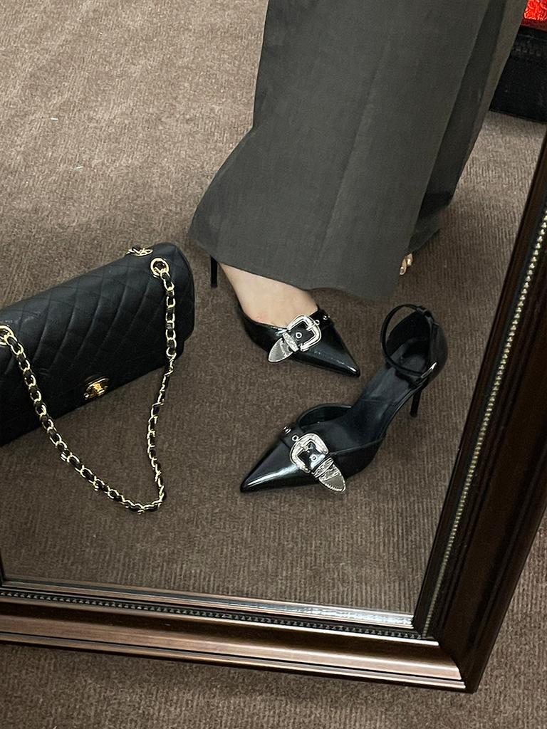 Модные туфли на тонком каблуке с острым носком, высота 8 см, неглубокий носок, женские туфли 2024 года, черные свадебные туфли, женская обувь