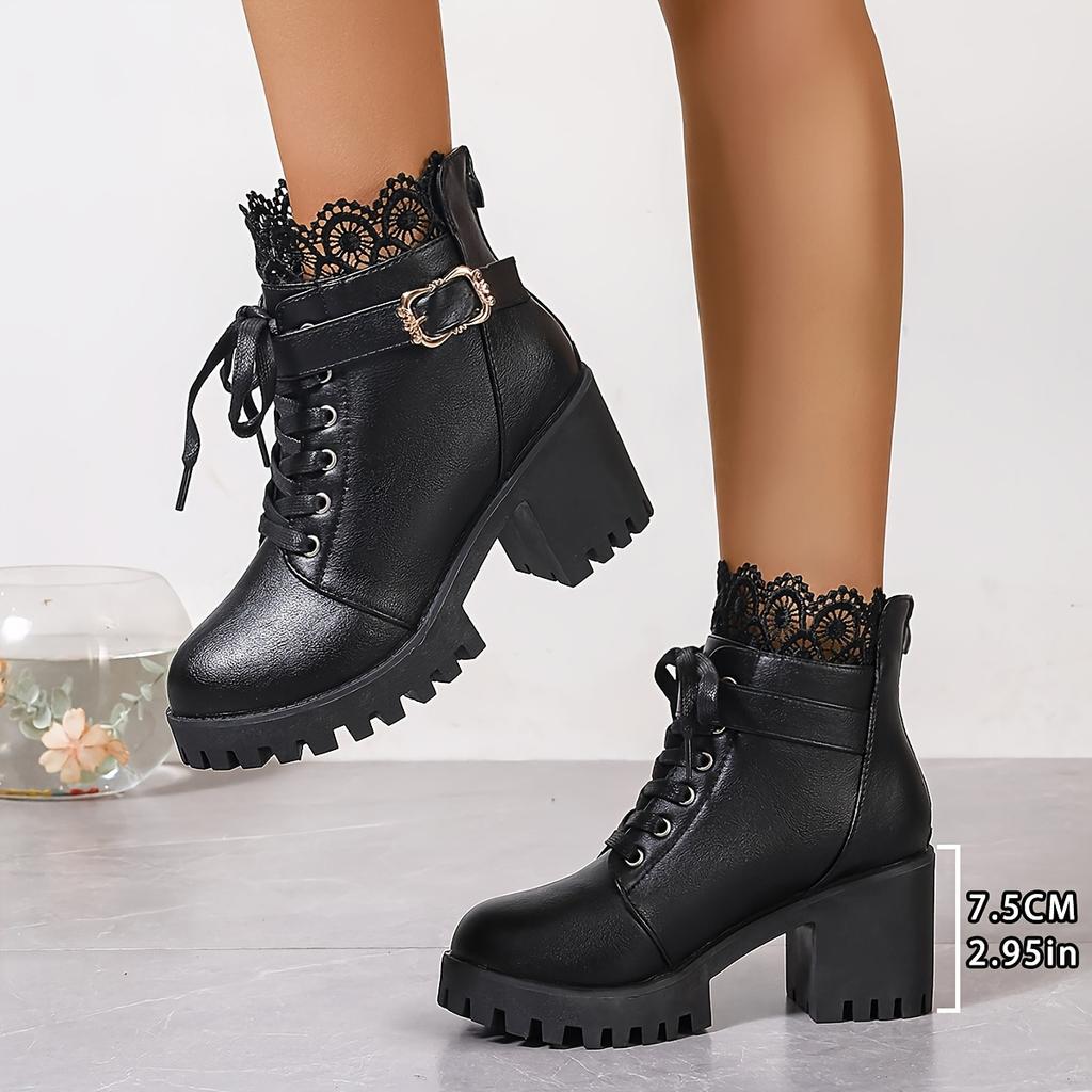 Fall and Winter Fashion Korean Size Boots Women's Round Toe Thick Heel Back Zipper Lace Lace Martin Boots