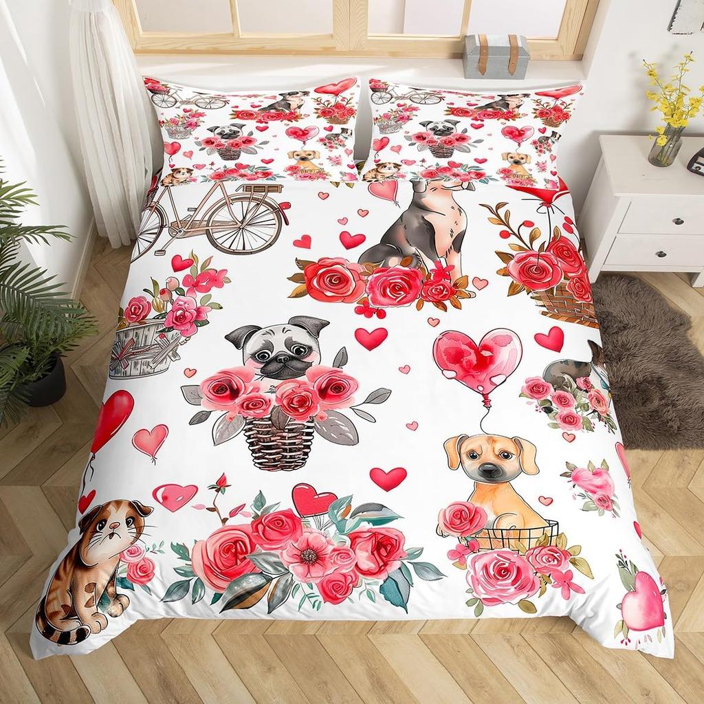 Puppy Dog Duvet Cover Full Queen Size Kawaii Pug Comforter Cover Love Heart Print Bedspread Cover Cute Pet Black Bedding Set