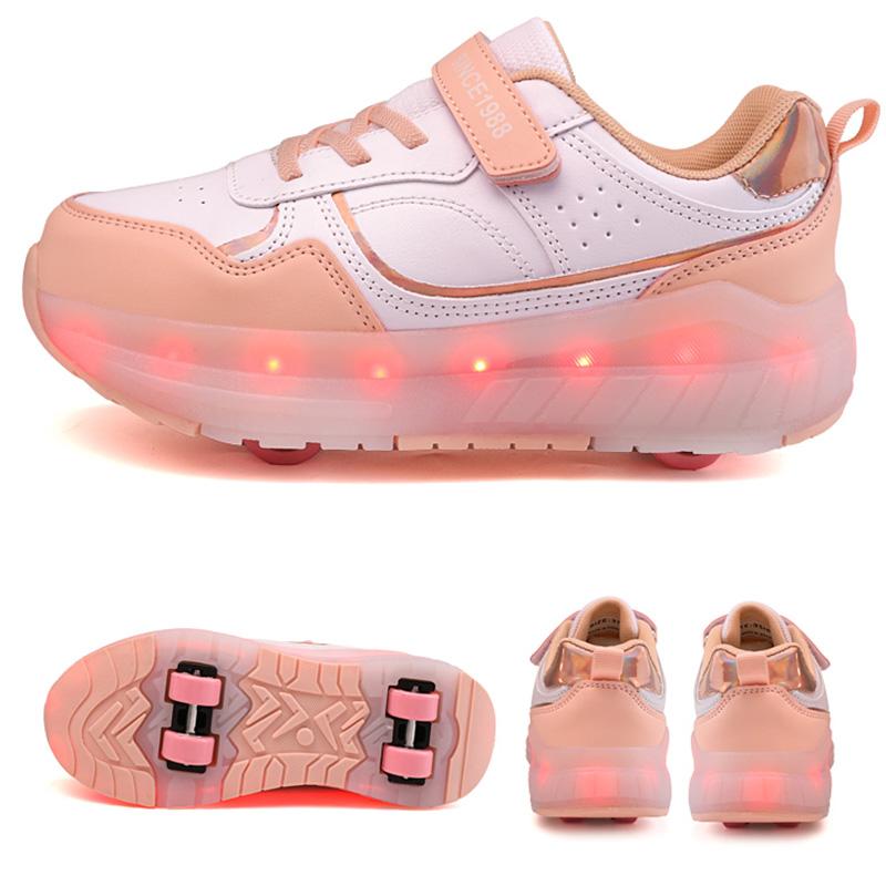 Kid's Lights Sports Shoes Rubbing Shoes Solid Magic Patch Can Charging Double-row Four-wheel Slide Shoes