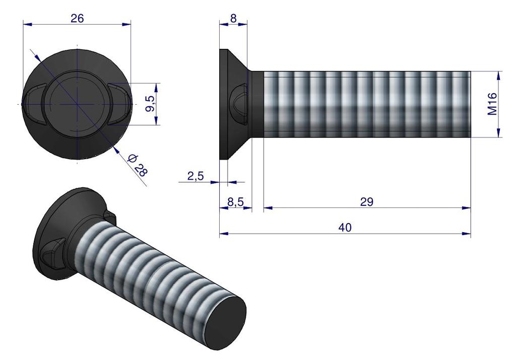 Śruba Kpl. Płużna Dwunoskowa M16X40 Mm Kl.10.9 Waryński ( Sprzedawane Po 25 )
